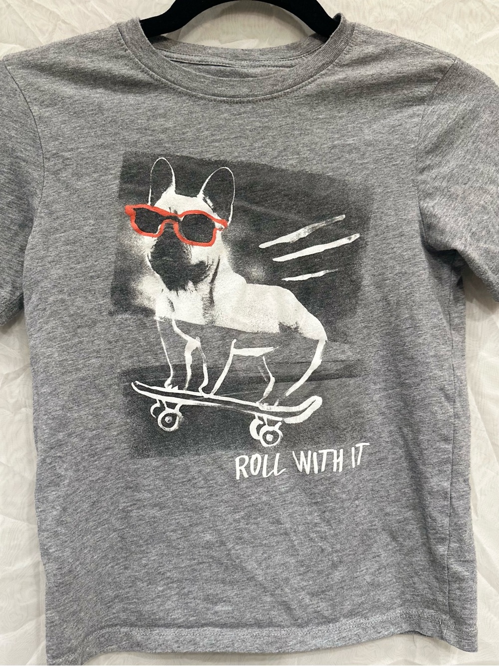 wonder nation kids Grey Graphic Tee French Bulldog w/Red Sunglasses & Skateboard